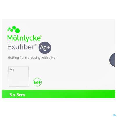 Sie sehen eine Packung Wundverband Faserverband/gelbildend Exufiber/ag+ +silber 5x 5cm 10st, Produktbild: 01 Wundverband Faserverband/gelbildend Exufiber/ag+ +silber 5x 5cm 10st, A-Nr.: 5177832 - 01
