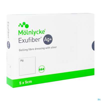 Sie sehen eine Packung Wundverband Faserverband/gelbildend Exufiber/ag+ +silber 5x 5cm 10st, Produktbild: 02 Wundverband Faserverband/gelbildend Exufiber/ag+ +silber 5x 5cm 10st, A-Nr.: 5177832 - 02
