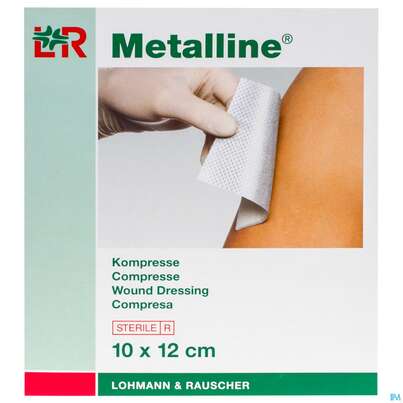 Sie sehen eine Packung Kompressen Metalline-lohmann Entkeimt 10x 12cm 10st, Produktbild: 02 Kompressen Metalline-lohmann Entkeimt 10x 12cm 10st, A-Nr.: 0191477 - 02