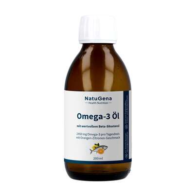 Sie sehen eine Packung NatuGena Omega-3 Nat.Fischöl 2450 mg Orangen-Zitronenaroma, Produktbild: 01 NatuGena Omega-3 Nat.Fischöl 2450 mg Orangen-Zitronenaroma, A-Nr.: 6011938 - 01