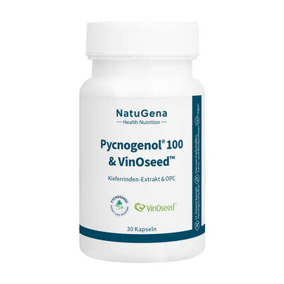 Sie sehen eine Packung NatuGena Pycnogenol® 100 & VinOseed™ Kapseln, Produktbild: 01 NatuGena Pycnogenol® 100 & VinOseed™ Kapseln, A-Nr.: 5990119 - 01