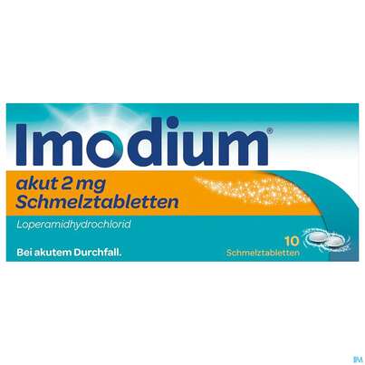 Sie sehen eine Packung Imodium Akut Schmelztabl 2mg 10st, Produktbild: 02 Imodium Akut Schmelztabl 2mg 10st, A-Nr.: 3769221 - 02