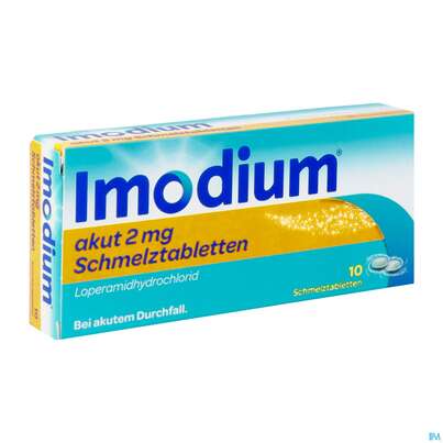 Sie sehen eine Packung Imodium Akut Schmelztabl 2mg 10st, Produktbild: 04 Imodium Akut Schmelztabl 2mg 10st, A-Nr.: 3769221 - 04