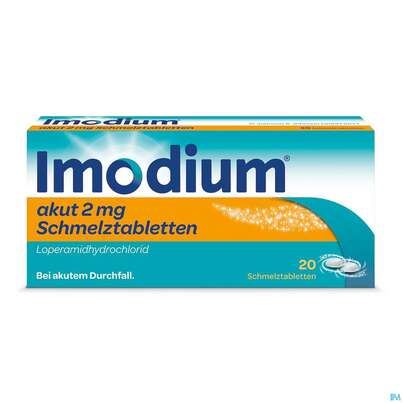 Sie sehen eine Packung Imodium Akut Schmelztabl 2mg 20st, Produktbild: 01 Imodium Akut Schmelztabl 2mg 20st, A-Nr.: 3769238 - 01