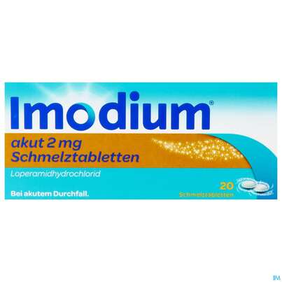 Sie sehen eine Packung Imodium Akut Schmelztabl 2mg 20st, Produktbild: 03 Imodium Akut Schmelztabl 2mg 20st, A-Nr.: 3769238 - 03