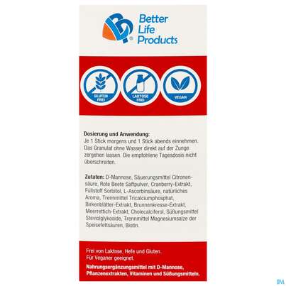 D-mannose Sticks/1500mg +cranberry +vit C+birkenblaett150mg +brunnenkresse 150mg 30st, A-Nr.: 5904829 - 09