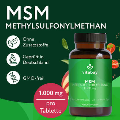Sie sehen eine Packung Vitabay MSM - Methylsulfonylmethan 1.000 mg, Produktbild: 03 Vitabay MSM - Methylsulfonylmethan 1.000 mg, A-Nr.: 6049013 - 03