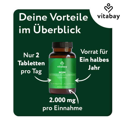 Sie sehen eine Packung Vitabay MSM - Methylsulfonylmethan 1.000 mg, Produktbild: 06 Vitabay MSM - Methylsulfonylmethan 1.000 mg, A-Nr.: 6049013 - 06