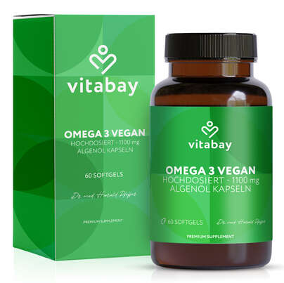 Sie sehen eine Packung Vitabay Omega 3 vegan Hochdosiert - 1.100mg - Algenöl Kapseln, Produktbild: 01 Vitabay Omega 3 vegan Hochdosiert - 1.100mg - Algenöl Kapseln, A-Nr.: 6049220 - 01