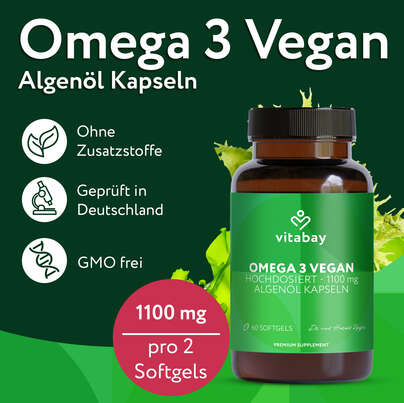 Sie sehen eine Packung Vitabay Omega 3 vegan Hochdosiert - 1.100mg - Algenöl Kapseln, Produktbild: 03 Vitabay Omega 3 vegan Hochdosiert - 1.100mg - Algenöl Kapseln, A-Nr.: 6049220 - 03