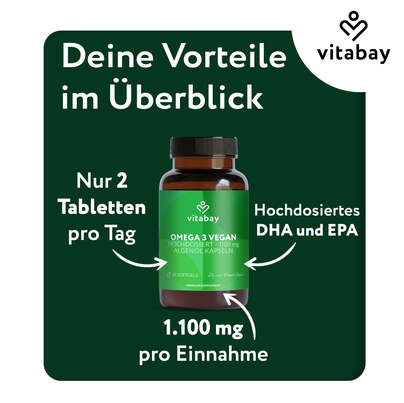 Sie sehen eine Packung Vitabay Omega 3 vegan Hochdosiert - 1.100mg - Algenöl Kapseln, Produktbild: 06 Vitabay Omega 3 vegan Hochdosiert - 1.100mg - Algenöl Kapseln, A-Nr.: 6049220 - 06