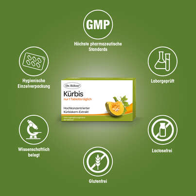 Sie sehen eine Packung Dr. Böhm Kürbis nur 1 Tablette täglich, Produktbild: 04 Dr. Böhm Kürbis nur 1 Tablette täglich, A-Nr.: 1609022 - 04