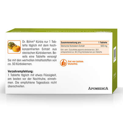 Sie sehen eine Packung Dr. Böhm Kürbis nur 1 Tablette täglich, Produktbild: 06 Dr. Böhm Kürbis nur 1 Tablette täglich, A-Nr.: 1609022 - 06