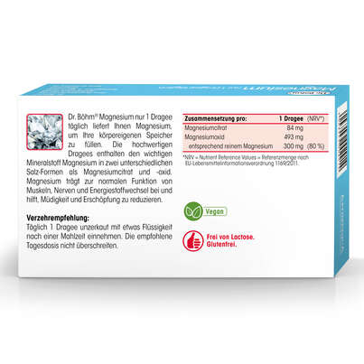 Sie sehen eine Packung Dr. Böhm Magnesium nur 1 Dragee täglich, Produktbild: 06 Dr. Böhm Magnesium nur 1 Dragee täglich, A-Nr.: 1854738 - 06