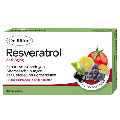 Sie sehen eine Packung Dr. Böhm Resveratrol Anti-Aging, Produktbild: 01 Dr. Böhm Resveratrol Anti-Aging, A-Nr.: 2979695 - 01