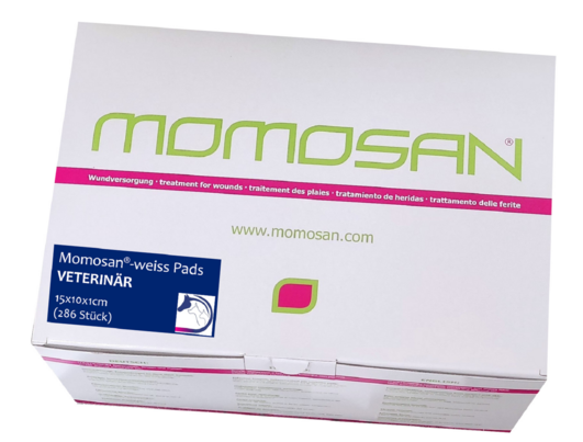 Sie sehen eine Packung MOMOSAN-weiss Pads VETERINÄR 15x10x1cm, 286 Stück, Produktbild: 01 MOMOSAN-weiss Pads VETERINÄR 15x10x1cm, 286 Stück, A-Nr.: 5956068 - 01