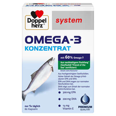 Sie sehen eine Packung Doppelherz system OMEGA-3 KONZENTRAT, Produktbild: 01 Doppelherz system OMEGA-3 KONZENTRAT, A-Nr.: 3448528 - 01