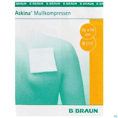 Sie sehen eine Packung Mullkompressen Askina 8fach/unsteril 10x 10 Cm 100st, Produktbild: 02 Mullkompressen Askina 8fach/unsteril 10x 10 Cm 100st, A-Nr.: 1779014 - 02
