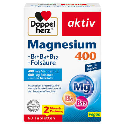 Sie sehen eine Packung Doppelherz Magnesium 400 + B1 + B6 + B12 + Folsäure, Produktbild: 01 Doppelherz Magnesium 400 + B1 + B6 + B12 + Folsäure, A-Nr.: 3821200 - 01