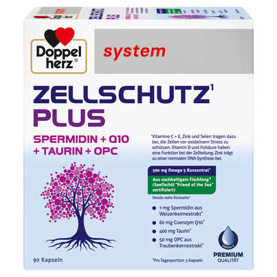 Sie sehen eine Packung Doppelherz system ZELLSCHUTZ¹ PLUS SPERMIDIN + Q10 + TAURIN + OPC, Produktbild: 01 Doppelherz system ZELLSCHUTZ¹ PLUS SPERMIDIN + Q10 + TAURIN + OPC, A-Nr.: 6033101 - 01