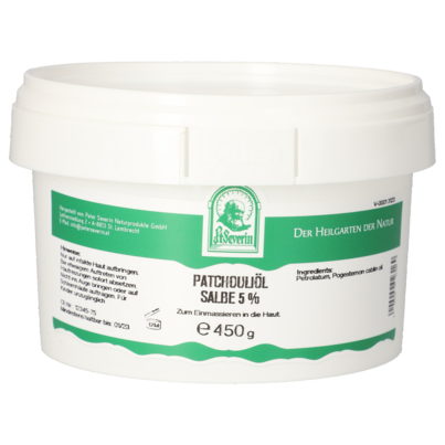 Sie sehen eine Packung PATCHOULIÖL SALBE 5% 450 G, Produktbild: 01 PATCHOULIÖL SALBE 5% 450 G, A-Nr.: 5802514 - 01