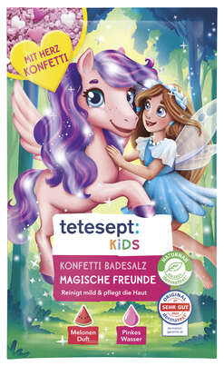 Sie sehen eine Packung Tetesept Kids Badesalz Konfetti Beste Freunde 45g, Produktbild: 02 Tetesept Kids Badesalz Konfetti Beste Freunde 45g, A-Nr.: 6117631 - 02