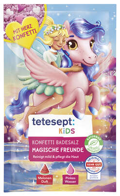 Sie sehen eine Packung Tetesept Kids Badesalz Konfetti Beste Freunde 45g, Produktbild: 03 Tetesept Kids Badesalz Konfetti Beste Freunde 45g, A-Nr.: 6117631 - 03