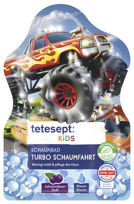 Sie sehen eine Packung TETESEPT KIDS SCHAUMBAD Turbo Schaumfahrt 40ml, Produktbild: 01 TETESEPT KIDS SCHAUMBAD Turbo Schaumfahrt 40ml, A-Nr.: 6117654 - 01