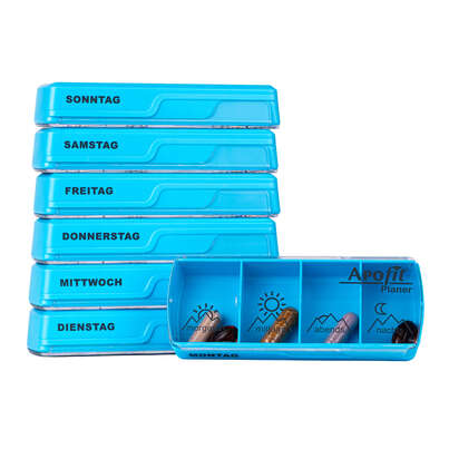 Sie sehen eine Packung APOfit Wochendispenser 7 Dosierer Planer blau, Produktbild: 02 APOfit Wochendispenser 7 Dosierer Planer blau, A-Nr.: 5965096 - 02
