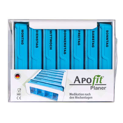 Sie sehen eine Packung APOfit Wochendispenser 7 Dosierer Planer blau, Produktbild: 04 APOfit Wochendispenser 7 Dosierer Planer blau, A-Nr.: 5965096 - 04