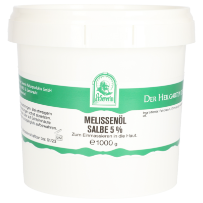 Sie sehen eine Packung MELISSENÖL SALBE 5% 1000 G, Produktbild: 01 MELISSENÖL SALBE 5% 1000 G, A-Nr.: 5802336 - 01
