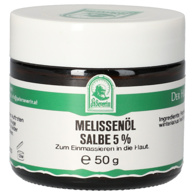 Sie sehen eine Packung MELISSENÖL SALBE 5% 50 G, Produktbild: 01 MELISSENÖL SALBE 5% 50 G, A-Nr.: 5802282 - 01