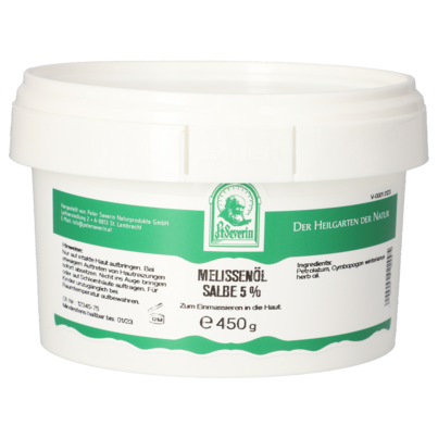 Sie sehen eine Packung MELISSENÖL SALBE 5% 450 G, Produktbild: 01 MELISSENÖL SALBE 5% 450 G, A-Nr.: 5802313 - 01