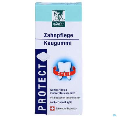 Sie sehen eine Packung Baders Protect Zahnpflege Kaugummi Cur 20st, Produktbild: 01 Baders Protect Zahnpflege Kaugummi Cur 20st, A-Nr.: 4111529 - 01