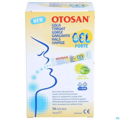 Sie sehen eine Packung Otosan Forte Rachen-halsgel 10ml Sticks Sachet 14st, Produktbild: 01 Otosan Forte Rachen-halsgel 10ml Sticks Sachet 14st, A-Nr.: 4582602 - 01