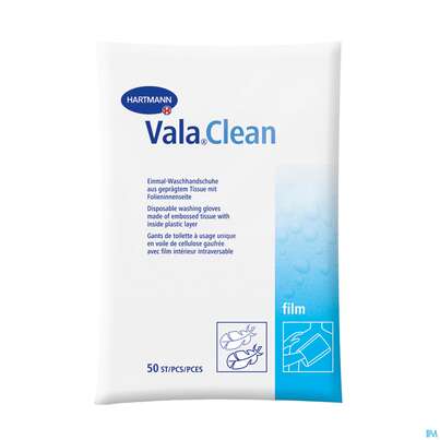Sie sehen eine Packung Waschhandschuhe Valaclean Film 50st, Produktbild: 01 Waschhandschuhe Valaclean Film 50st, A-Nr.: 1369687 - 01