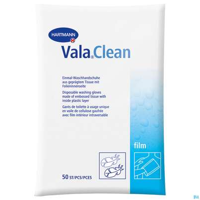 Sie sehen eine Packung Waschhandschuhe Valaclean Film 50st, Produktbild: 02 Waschhandschuhe Valaclean Film 50st, A-Nr.: 1369687 - 02