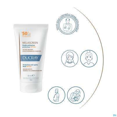 Sie sehen eine Packung Sonnenprodukte Ducray Melascreen Fluid Spf 50+ 50ml, Produktbild: 12 Sonnenprodukte Ducray Melascreen Fluid Spf 50+ 50ml, A-Nr.: 5712426 - 12