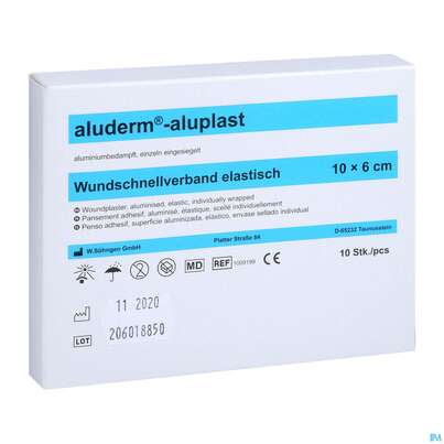 Sie sehen eine Packung Aluderm/alupl El Wundpflaster 10x 6cm 10 Abschnitte 1pk, Produktbild: 02 Aluderm/alupl El Wundpflaster 10x 6cm 10 Abschnitte 1pk, A-Nr.: 5650286 - 02
