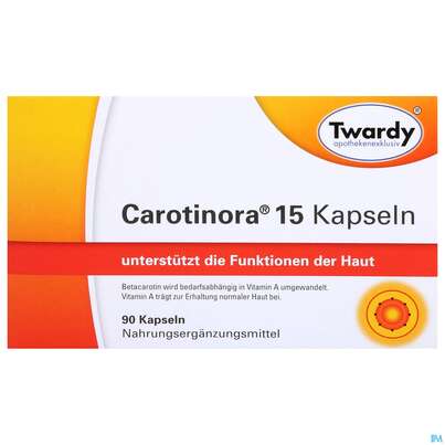 Sie sehen eine Packung Carotinora 15 Kapseln Twardy 90st, Produktbild: 01 Carotinora 15 Kapseln Twardy 90st, A-Nr.: 4495441 - 01