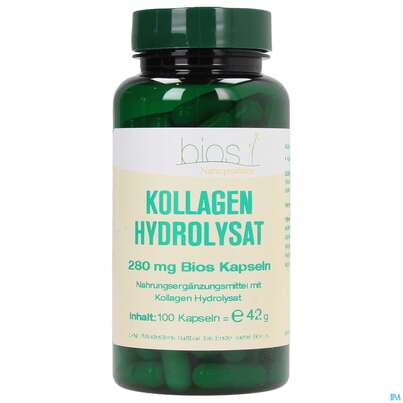 Sie sehen eine Packung Bios Kollagen Hydrolysat 280mg 100 Kapseln, Produktbild: 01 Bios Kollagen Hydrolysat 280mg 100 Kapseln, A-Nr.: 3891815 - 01