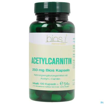 Sie sehen eine Packung Bios Acetylcarnitin 250mg 100 Kapseln, Produktbild: 01 Bios Acetylcarnitin 250mg 100 Kapseln, A-Nr.: 3992054 - 01