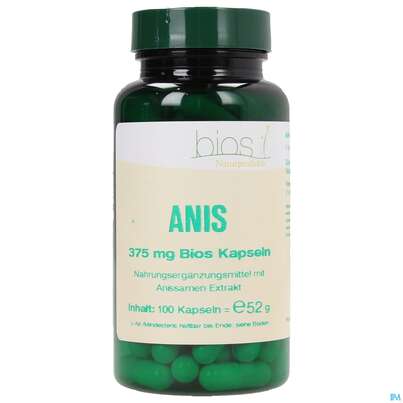 Sie sehen eine Packung Bios Anis 375mg 100 Kapseln, Produktbild: 01 Bios Anis 375mg 100 Kapseln, A-Nr.: 3890655 - 01