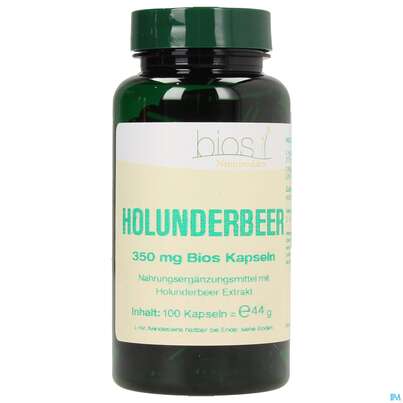 Sie sehen eine Packung Bios Holunderbeer 350mg 100 Kapseln, Produktbild: 01 Bios Holunderbeer 350mg 100 Kapseln, A-Nr.: 3891548 - 01