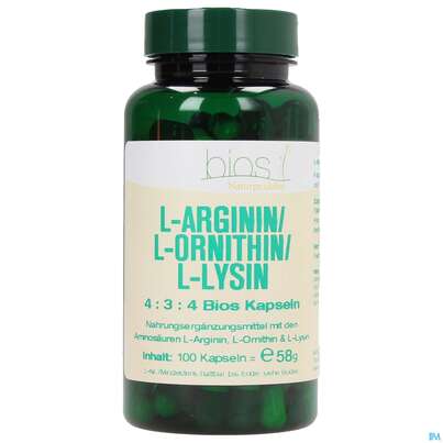Sie sehen eine Packung Bios l-arginin/l-ornithin/l-lysin 4:3:4 100 Kapseln, Produktbild: 01 Bios l-arginin/l-ornithin/l-lysin 4:3:4 100 Kapseln, A-Nr.: 3891956 - 01