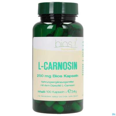 Sie sehen eine Packung Bios l-carnosin 250mg 100 Kapseln, Produktbild: 01 Bios l-carnosin 250mg 100 Kapseln, A-Nr.: 3892039 - 01