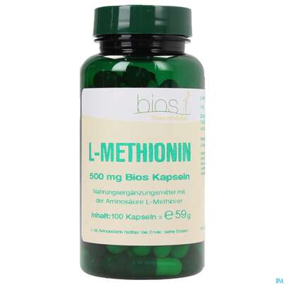 Sie sehen eine Packung Bios l-methionin 500mg 100 Kapseln, Produktbild: 01 Bios l-methionin 500mg 100 Kapseln, A-Nr.: 3892163 - 01