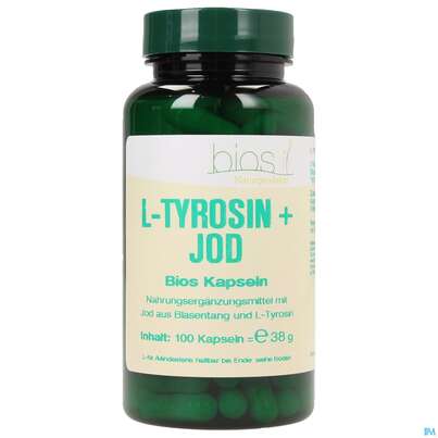 Sie sehen eine Packung Bios l-tyrosin + Jod 100 Kapseln, Produktbild: 01 Bios l-tyrosin + Jod 100 Kapseln, A-Nr.: 3892329 - 01