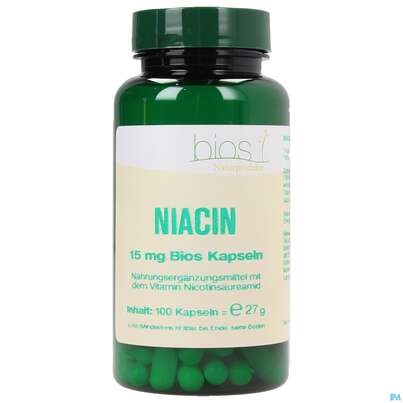 Sie sehen eine Packung Bios Niacin 15mg 100 Kapseln, Produktbild: 01 Bios Niacin 15mg 100 Kapseln, A-Nr.: 3892594 - 01