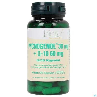 Sie sehen eine Packung Bios Pycnogenol® 30mg + Q-10 60mg 100 Kapseln, Produktbild: 01 Bios Pycnogenol® 30mg + Q-10 60mg 100 Kapseln, A-Nr.: 3892743 - 01